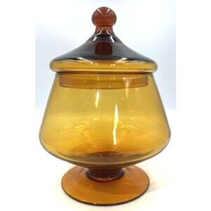 Vintage Amber Apothecary Jar Hand Blown Glass MCM Empoli Italy Circus Tent Lid